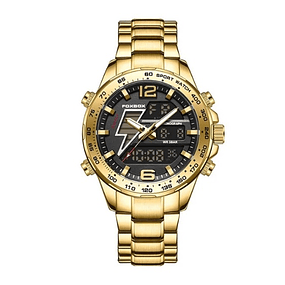  FOXBOX Reloj deportivo militar para hombre de cuarzo con doble pantalla de acero inoxidable - dorado 2