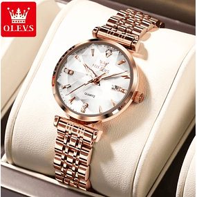 Reloj de cuarzo resistente al agua para mujer con correa de acero inoxidable en oro rosa - Blanco