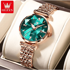 Relógio Feminino De Quartzo Impermeável Pulseira De Aço Inoxidável Rose Gold  - Verde