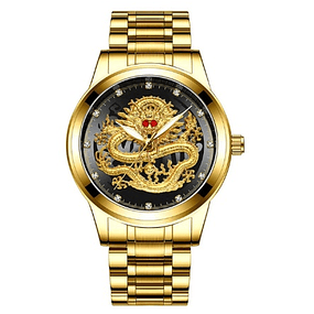 Relógio de quartzo impermeável de aço inoxidável masculino, Dragão Dourado