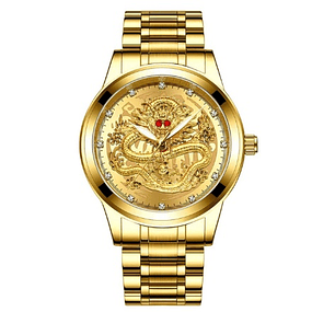Relógio de quartzo impermeável de aço inoxidável masculino, Dragão Dourado - Dourado