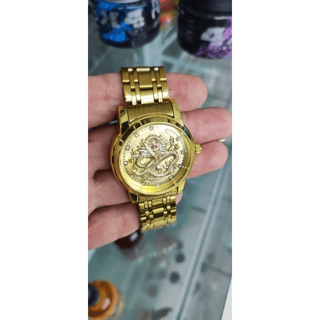 Reloj de cuarzo resistente al agua de acero inoxidable para hombre, Golden Dragon