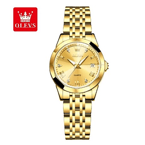 Relógio de pulso de quartzo impermeável inoxidável feminino - Dourado