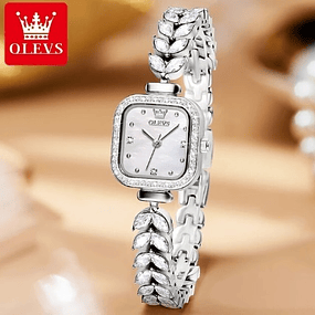 Reloj de cuarzo con pulsera de acero inoxidable, esfera de diamantes cuadrados de lujo - Plata