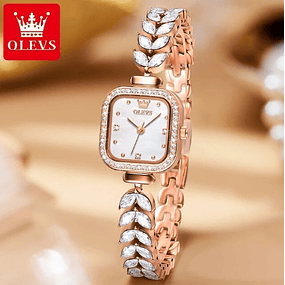 Reloj de cuarzo con pulsera de acero inoxidable, esfera de diamantes cuadrados de lujo - rosa