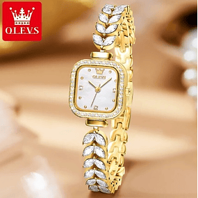 Reloj de cuarzo con pulsera de acero inoxidable, esfera de diamantes cuadrados de lujo - Dorado