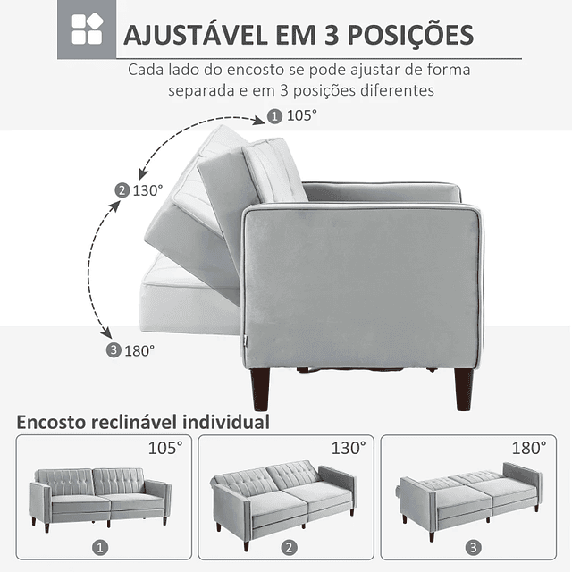 Sofá de 2 Lugares Convertível em Cama de Estofado Aveludado com Encosto Ajustável para Sala 189x80,5x78,5 cm Cinza Claro