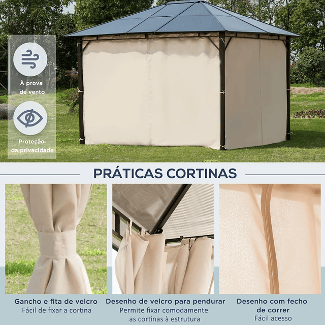 Pérgola de jardim 3,65x3 m de aço com telhado de policarbonato de 6 mm Proteção UV 50+ e 4 cortinas laterais Bege