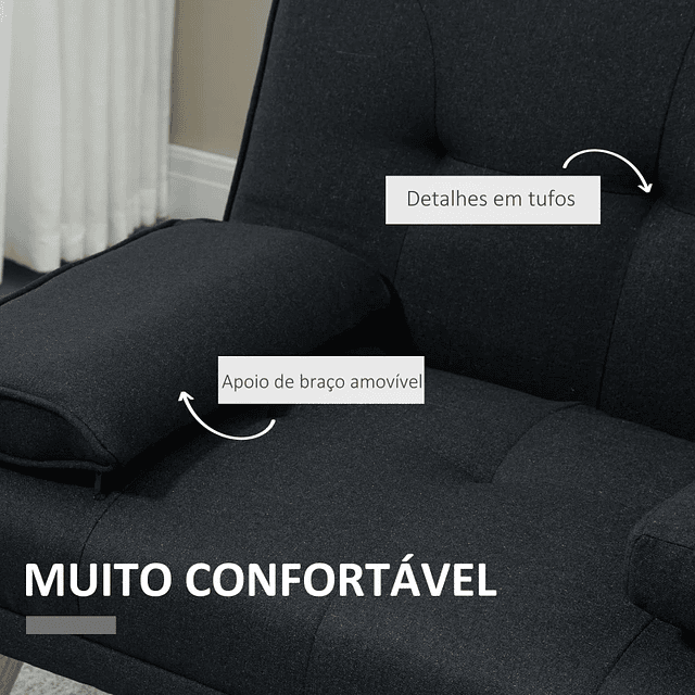 Sofá Cama 3 Lugares com Encosto Ajustável Apoio para os Braços Desmontável e 2 Suportes para Copos 181x77x78 cm Cinza