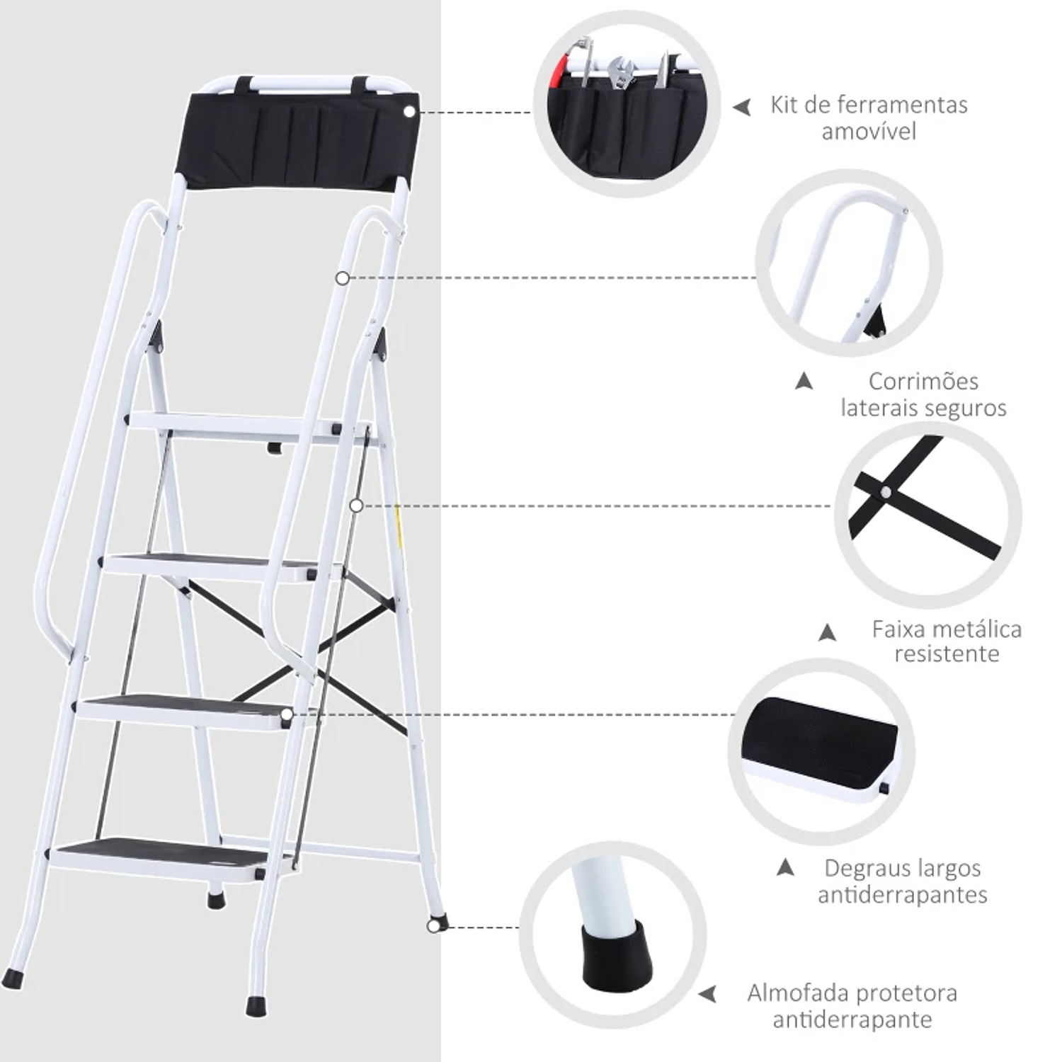 Escada Dobrável com 4 Degraus Apoio para os Braços e Suporte para Ferramentas 50x83x155 cm Branco 3