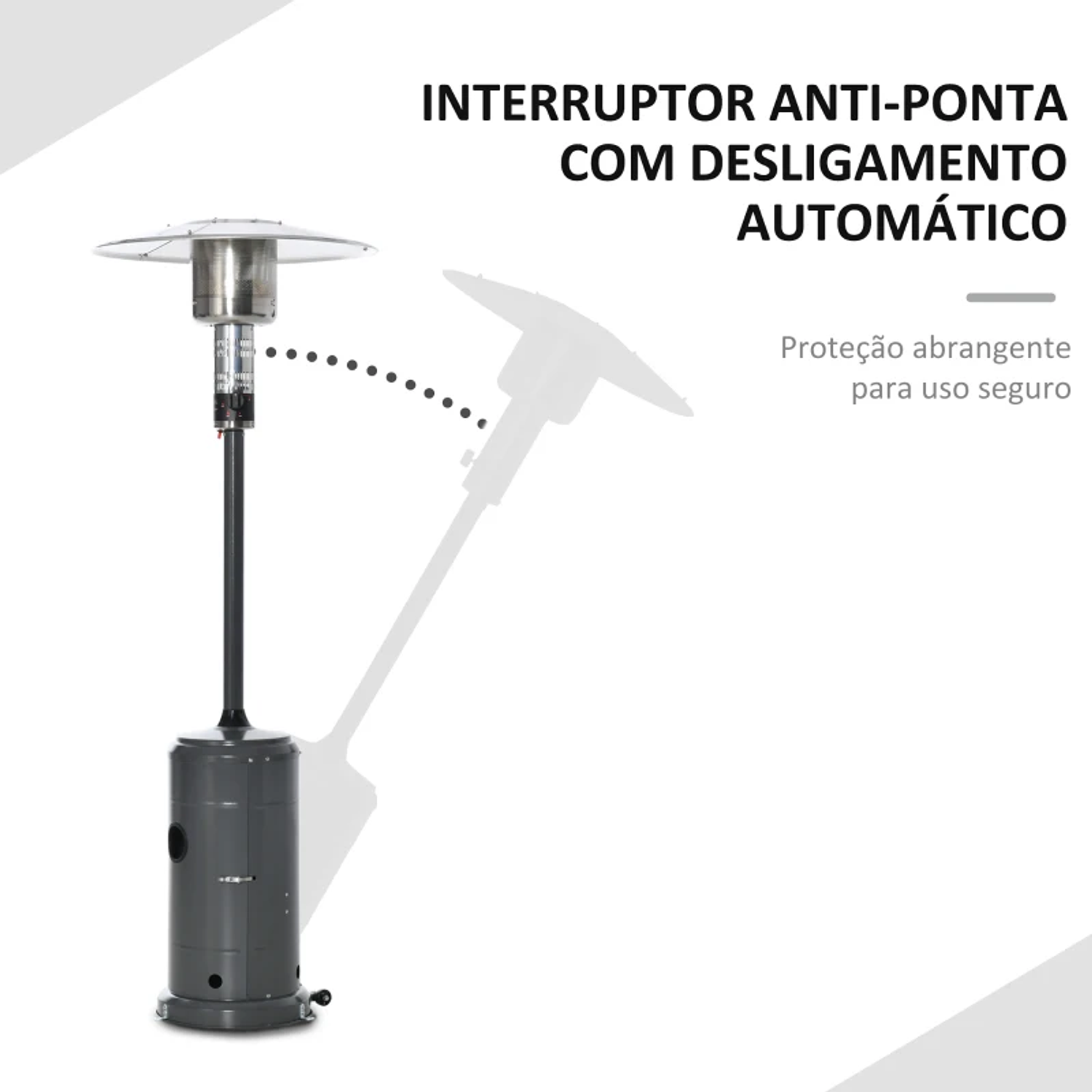 Aquecedor de gás para varanda 12,5KW Tipo guarda-sol Aquecedor de pátio com desligamento automático rodas e cobertura Ø81,5x225 cm Cinza carvão 3