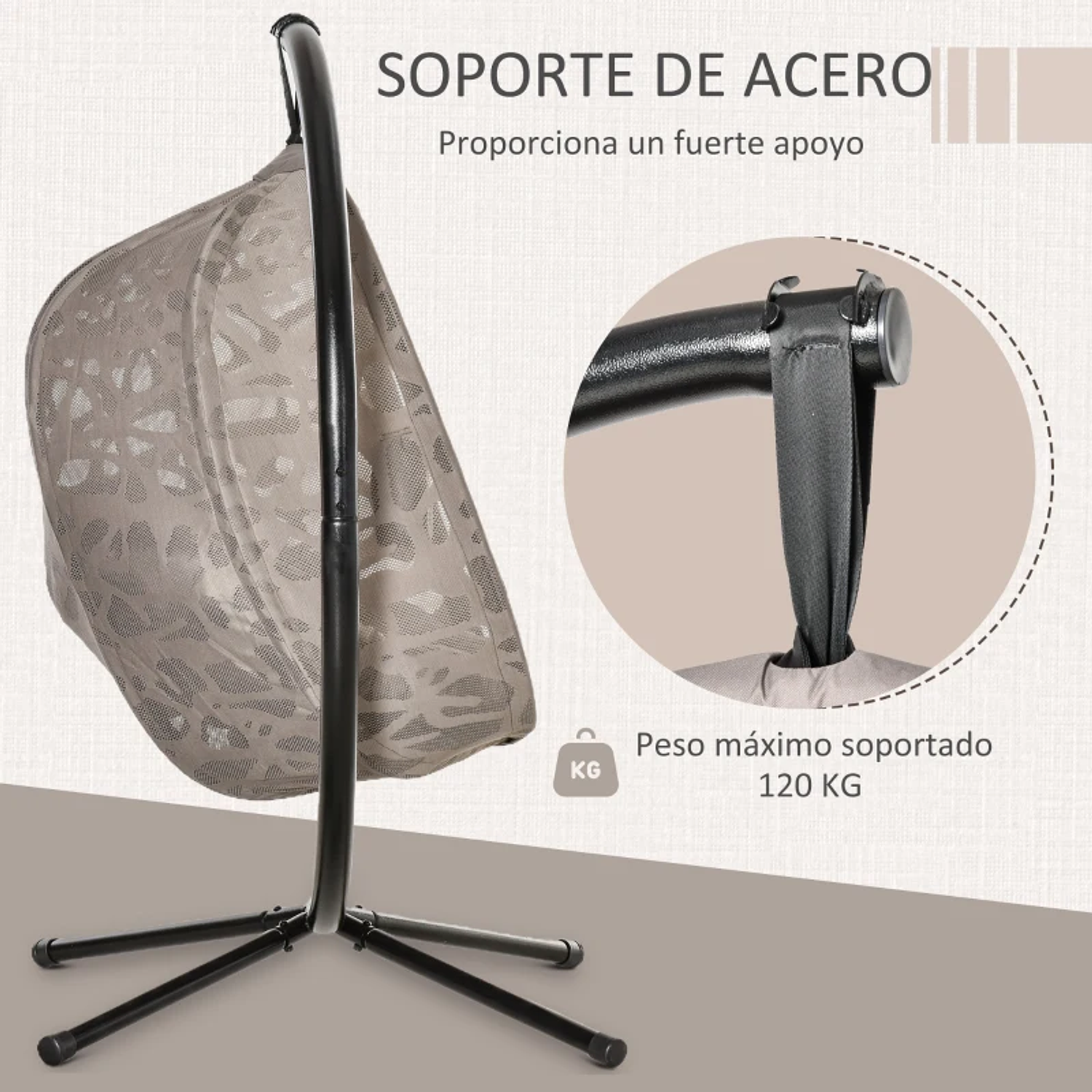 Poltrona Suspensa com Suporte de Aço Poltrona Suspensa com Cesto Dobrável e Almofadas para Interior e Exterior 126x96x172cm Cor Areia 7