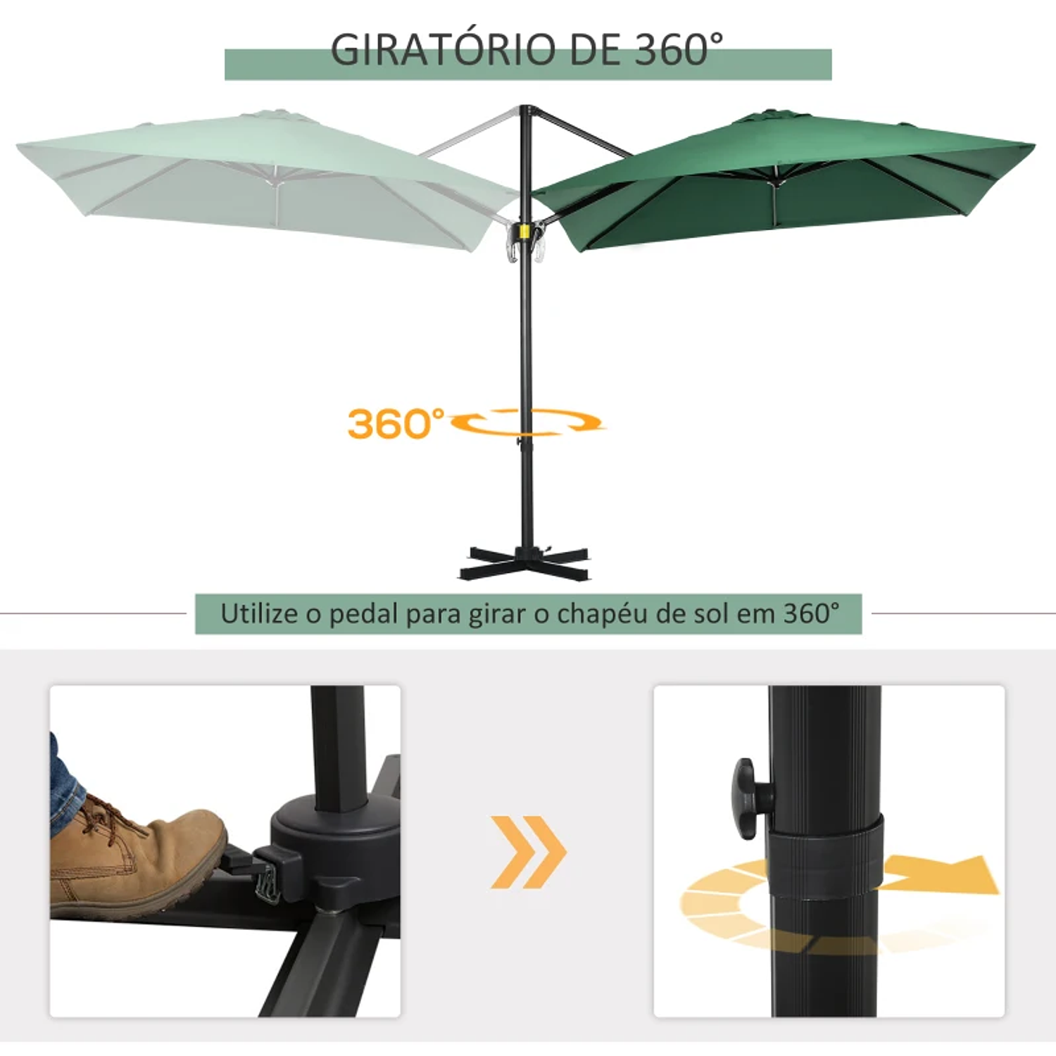 Chapéu de Sol de Jardim Chapéu de Sol Excêntrico com Rotação 360° Inclinação de 5 Níveis com Manivela 245x245x245 cm Verde 6