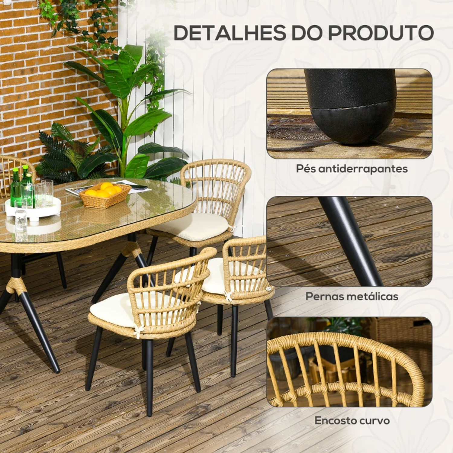 Conjunto de Refeição de Vime Sintético de 7 Peças Inclui 6 Cadeiras com Almofadas e Mesa de Vidro Temperado Natural 4