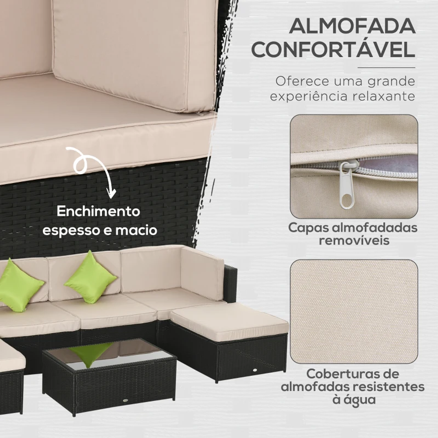 Conjunto de Móveis de Jardim de Vime PE Conjunto de 7 Peças Mesa Sofás Bancos com Almofadas Laváveis Preto Areia e Verde 6