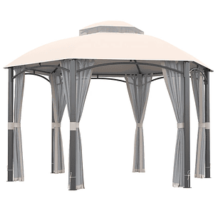 Pérgola de Jardim Hexagonal com Teto Duplo de Ventilação 6 Telas Mosquiteiras com Zíper 4x4m Cáqui