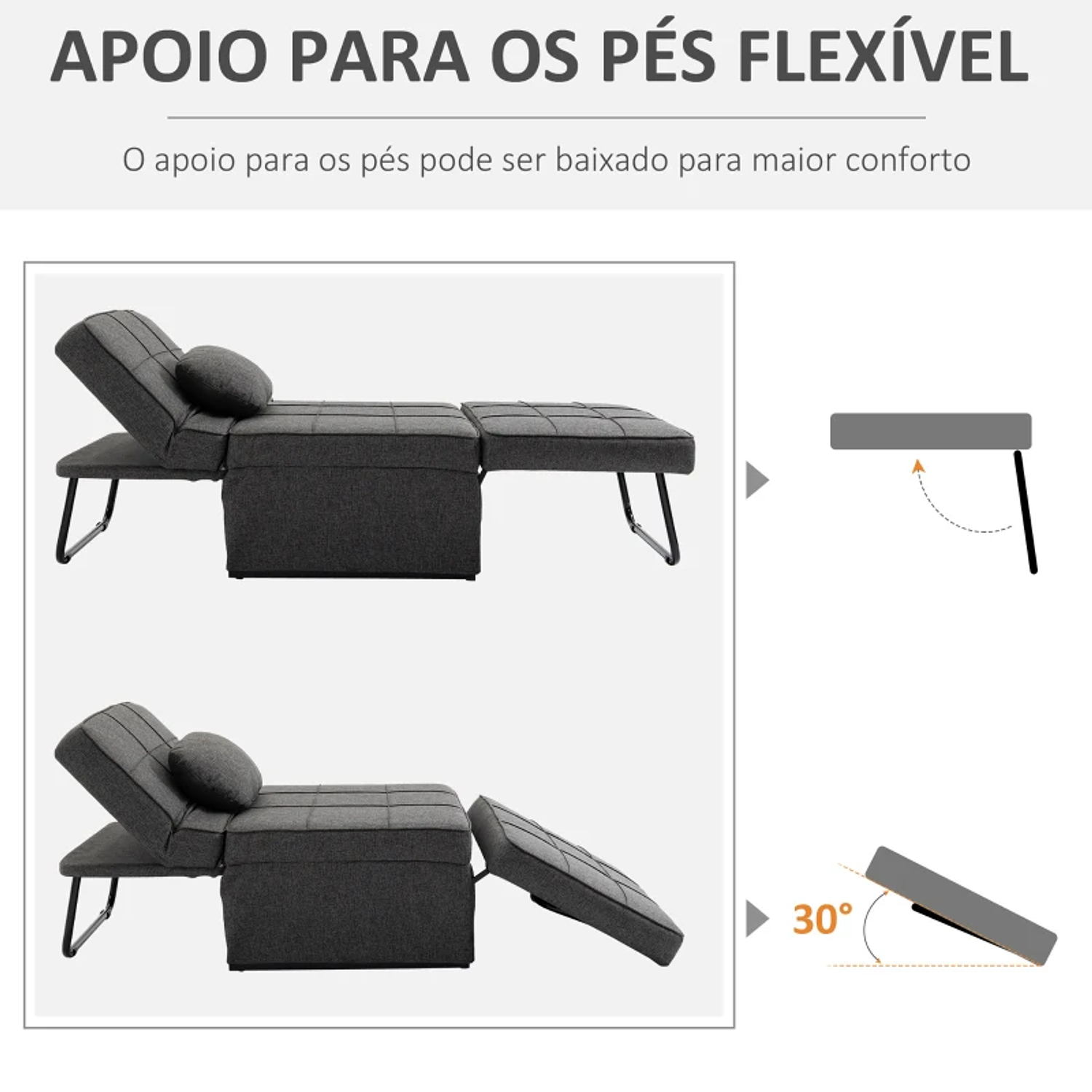 Sofá Cama Individual 3 em 1 Estofado em Linho Reclinável em 5 Posições com Apoio para os Pés e Apoio para a Cabeça 95x189x43cm Cinza 6