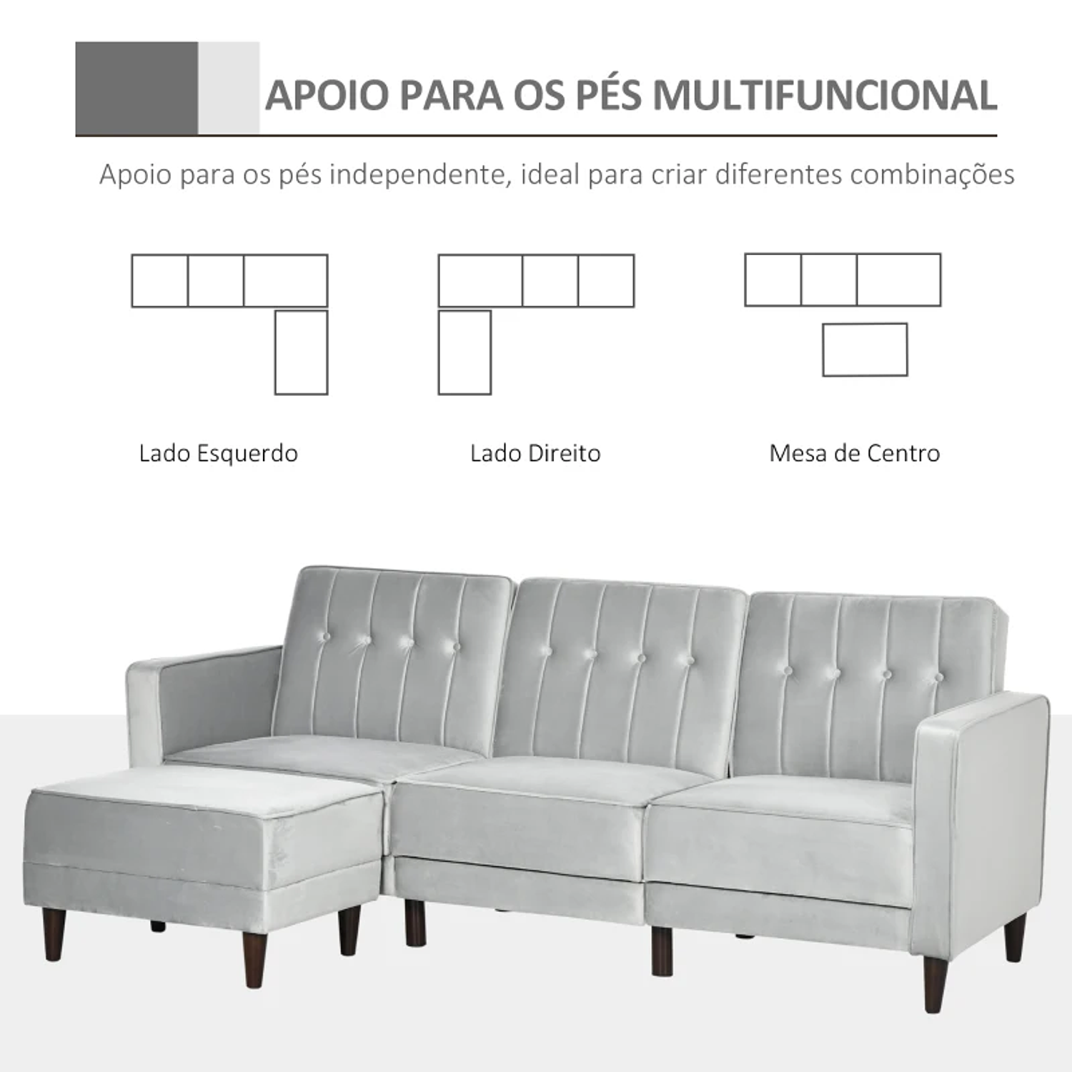 Sofá Cama com Chaise Longue 3 Lugares Tato Aveludado com Encosto Ajustável e Apoio para os Pés 218x85x86cm Cinza 5