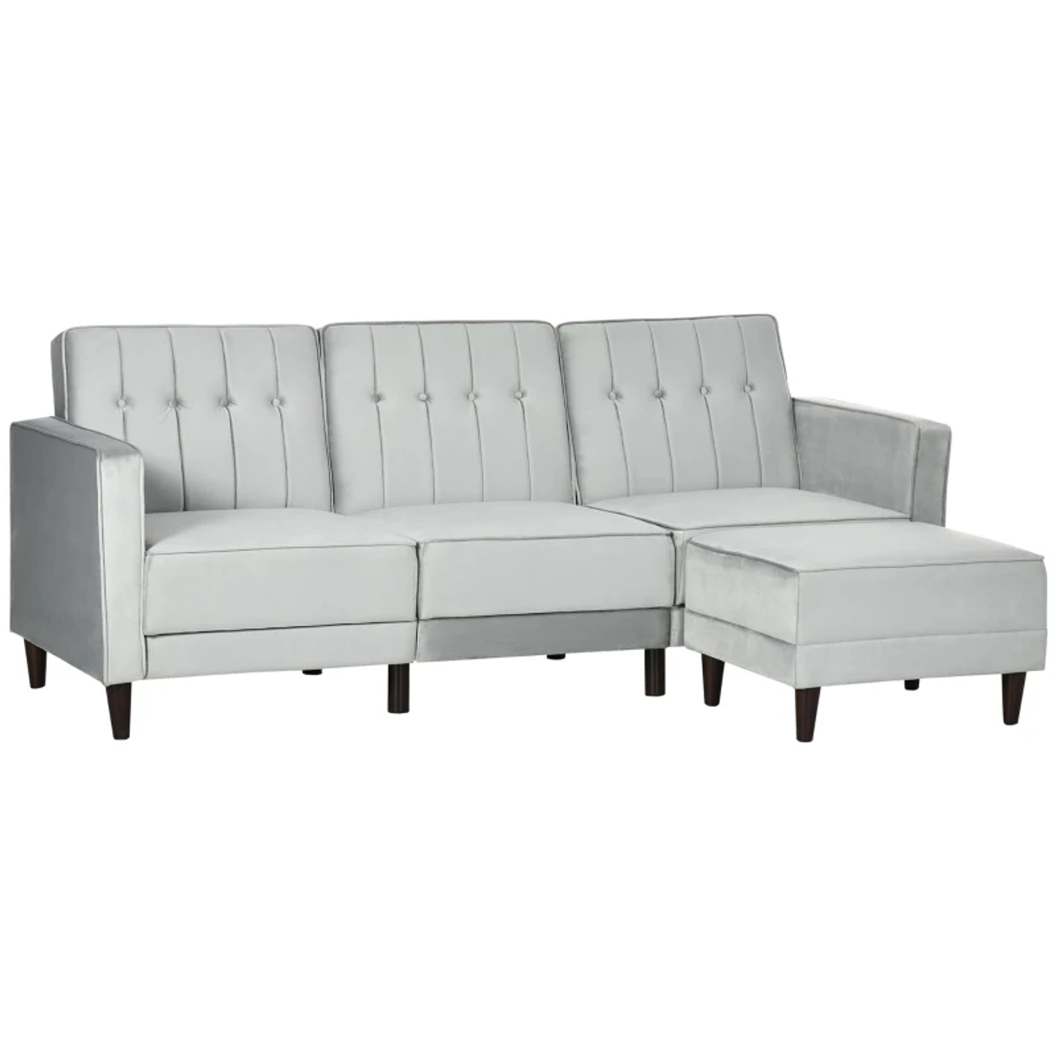 Sofá Cama com Chaise Longue 3 Lugares Tato Aveludado com Encosto Ajustável e Apoio para os Pés 218x85x86cm Cinza 8