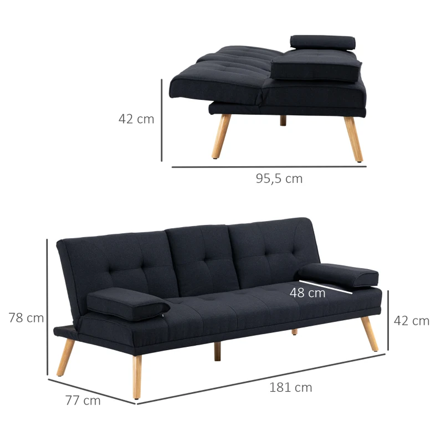 Sofá Cama 3 Lugares com Encosto Ajustável Apoio para os Braços Desmontável e 2 Suportes para Copos 181x77x78 cm Cinza 2