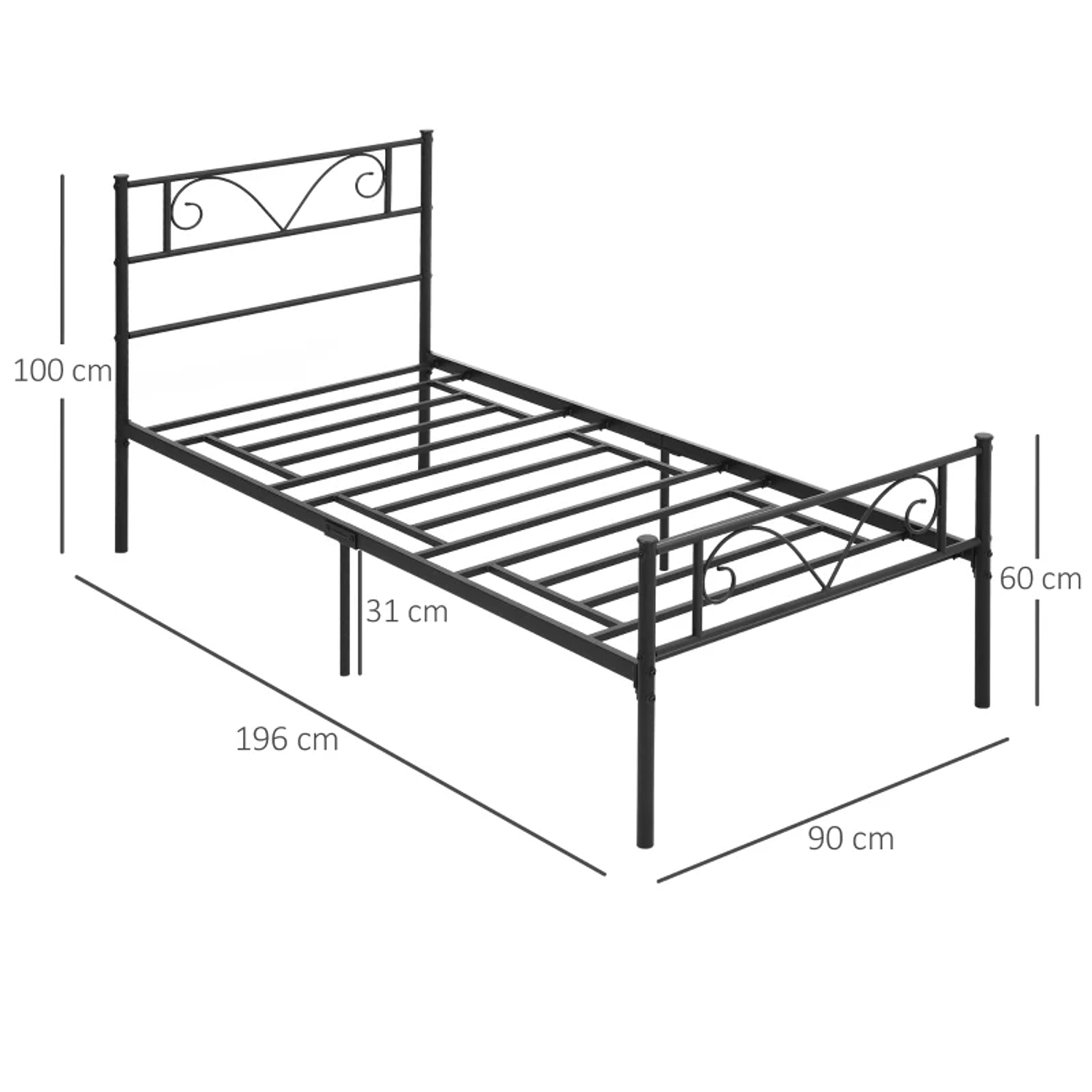 Estrutura de Cama Individual de Metal 31cm para Colchão 90x190cm com Cabeceira com Forma de Mariposa Estrutura de Cama com Espaço em Baixo de Armazenamento 95x196x100cm Preto 2