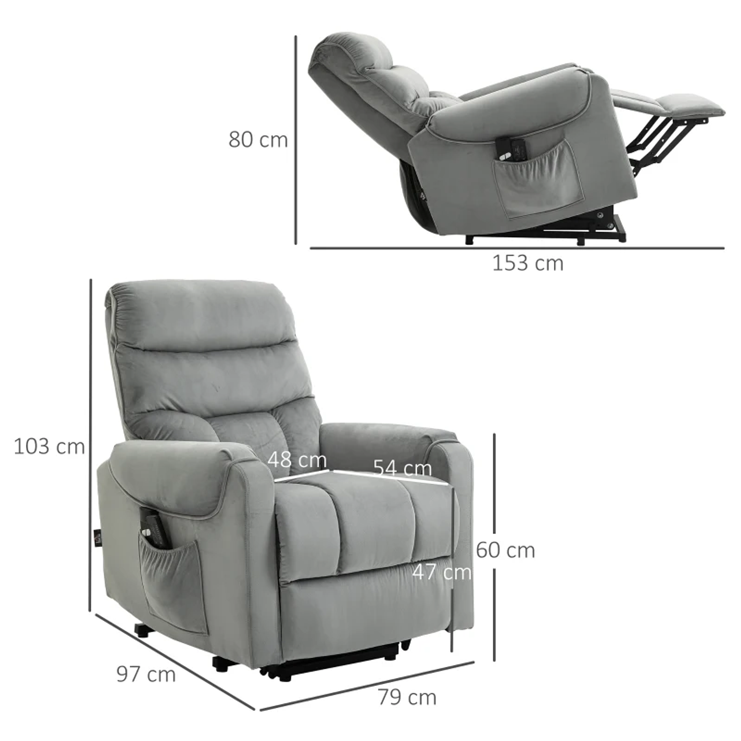 Poltrona de Massagem Relax Poltrona Levanta Pessoas com Reclinação Elétrica em até 135° com Controle Remoto e 8 Zonas de Massagem Estofado em Veludo e Acolchoada 79x97x103cm Cinza 2