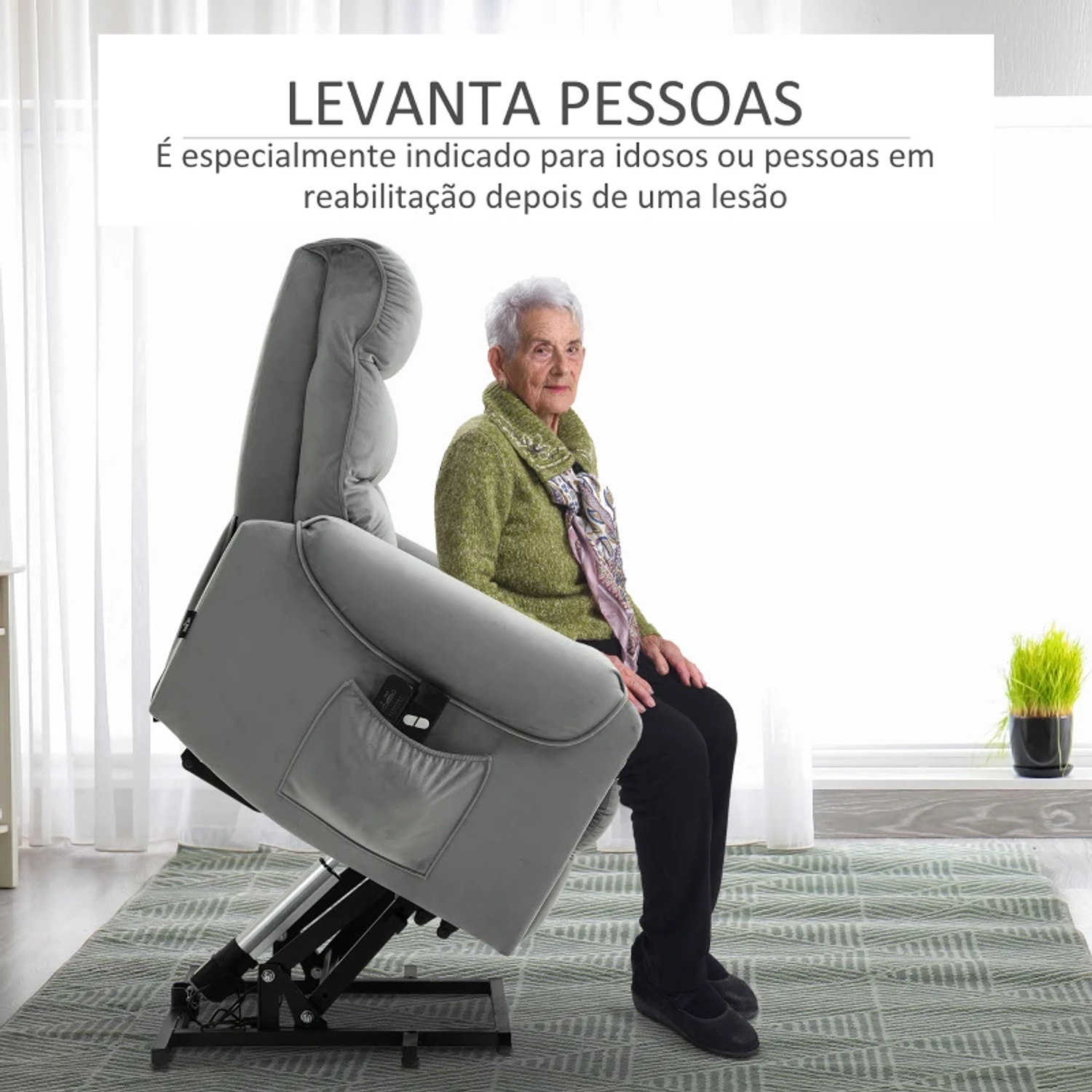 Poltrona de Massagem Relax Poltrona Levanta Pessoas com Reclinação Elétrica em até 135° com Controle Remoto e 8 Zonas de Massagem Estofado em Veludo e Acolchoada 79x97x103cm Cinza 6