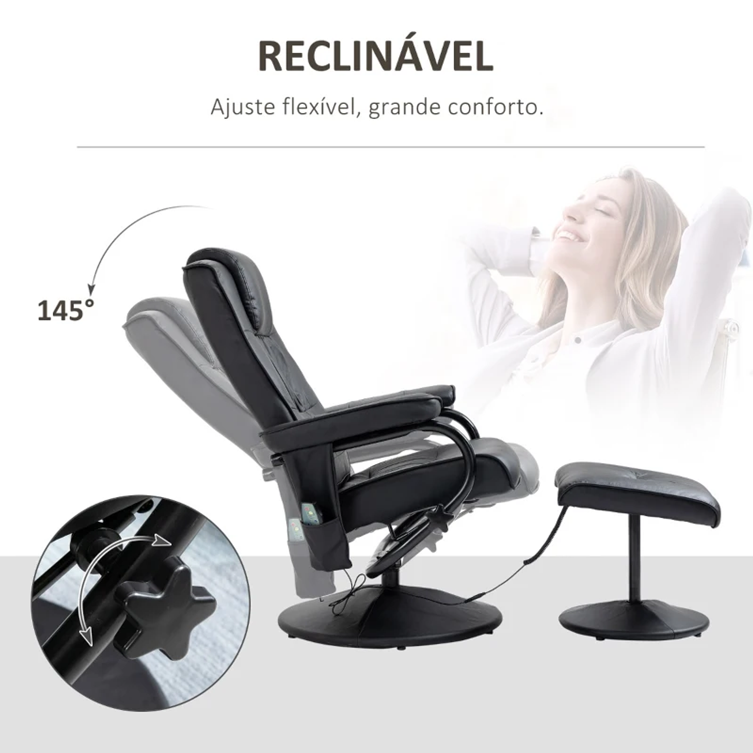 Poltrona de Massagem Elétrica com Banco para Apoiar os Pés Poltrona Relax Giratório Reclinável em até 145° com Controle Remoto e 10 Zonas de Massagem Estofado em PU 77x84x95cm 8