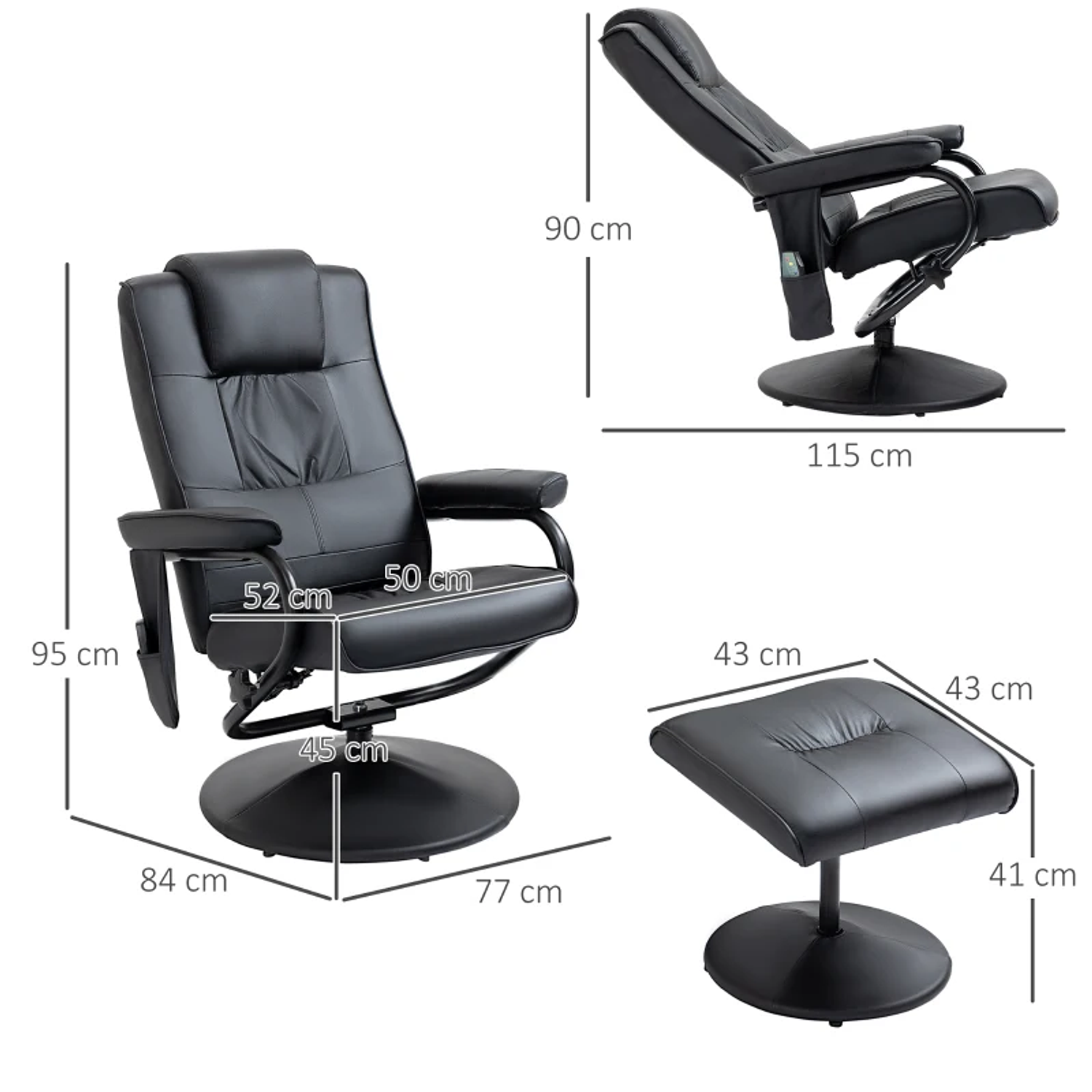 Poltrona de Massagem Elétrica com Banco para Apoiar os Pés Poltrona Relax Giratório Reclinável em até 145° com Controle Remoto e 10 Zonas de Massagem Estofado em PU 77x84x95cm 2