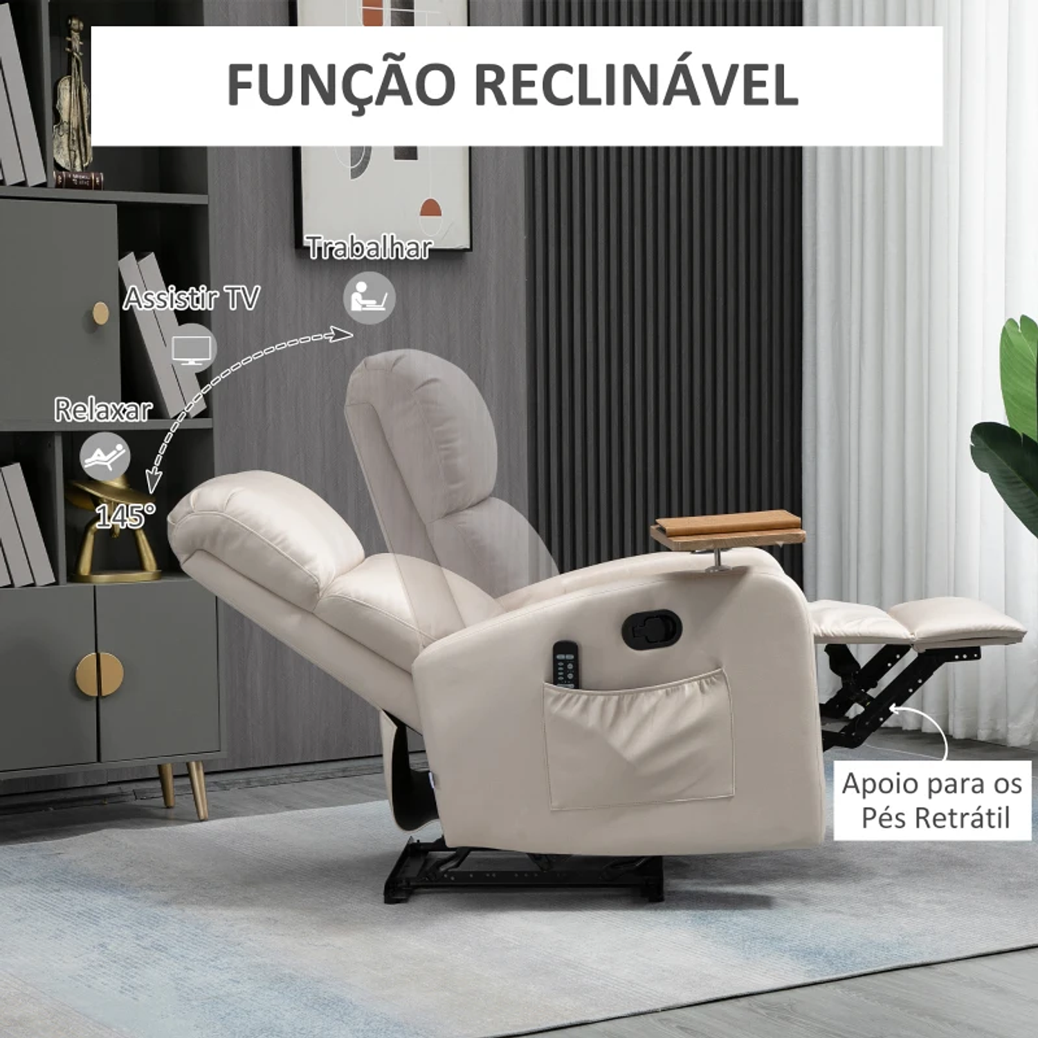 Poltrona de Massagem Poltrona Relax Elétrica com 4 Modos de Vibração Reclinação 145° Estofada em Microfibra Controlo Remoto Mesa 2 Bolsos Laterais e Suporte para Copos 77x93x105cm Bege 9