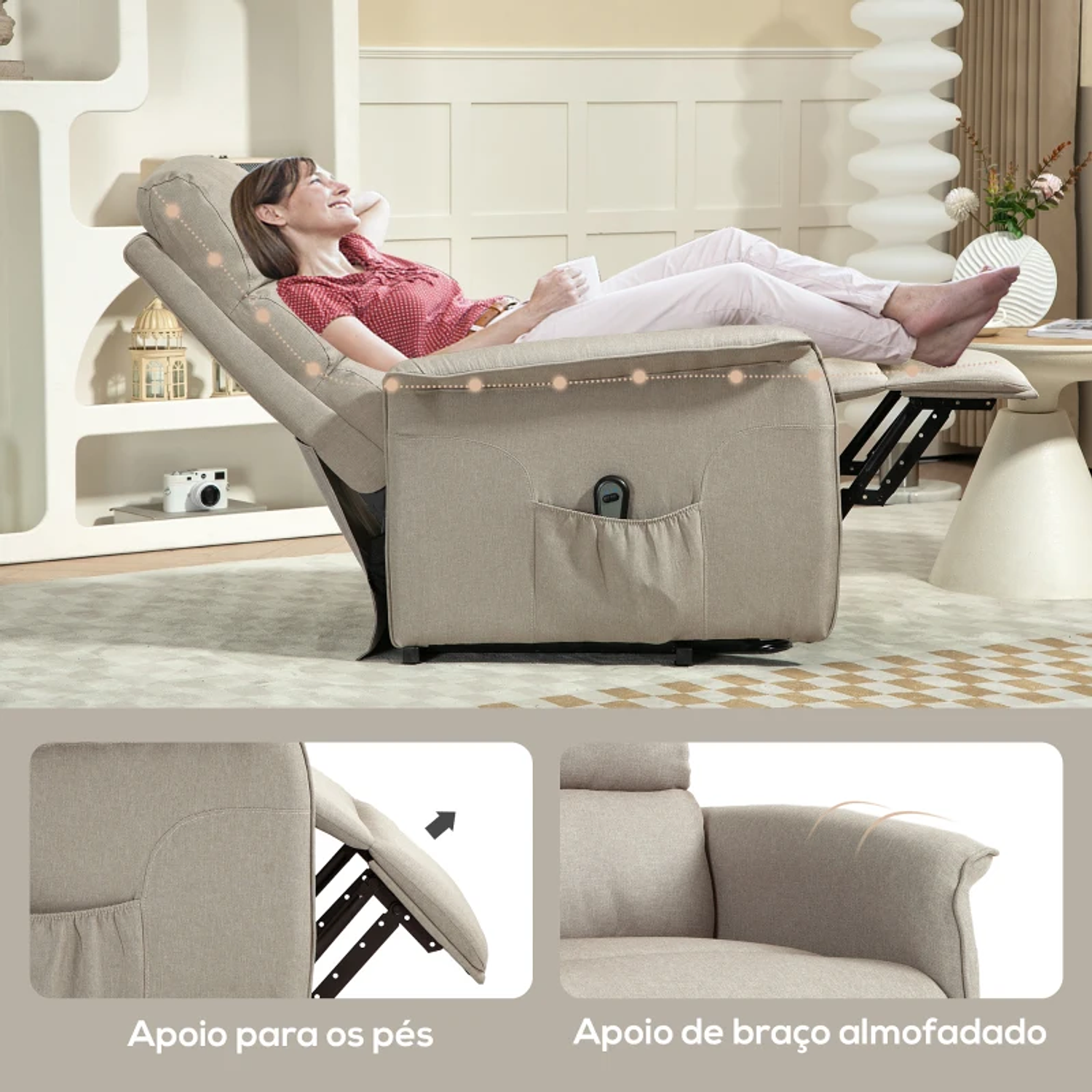 Poltrona Relax Reclinável Elétrica Poltrona Levanta Pessoas com Controlo Remoto e Bolso Lateral 66x90x96 cm 7