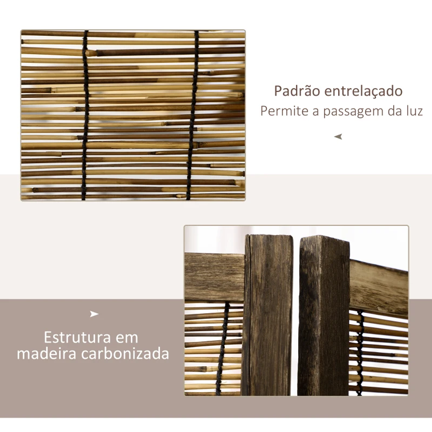 Biombo de 4 Painéis Separador de Ambientes Dobrável 160x1,8x170 cm Divisor de Ambientes de Madeira e Caniço Madeira 5