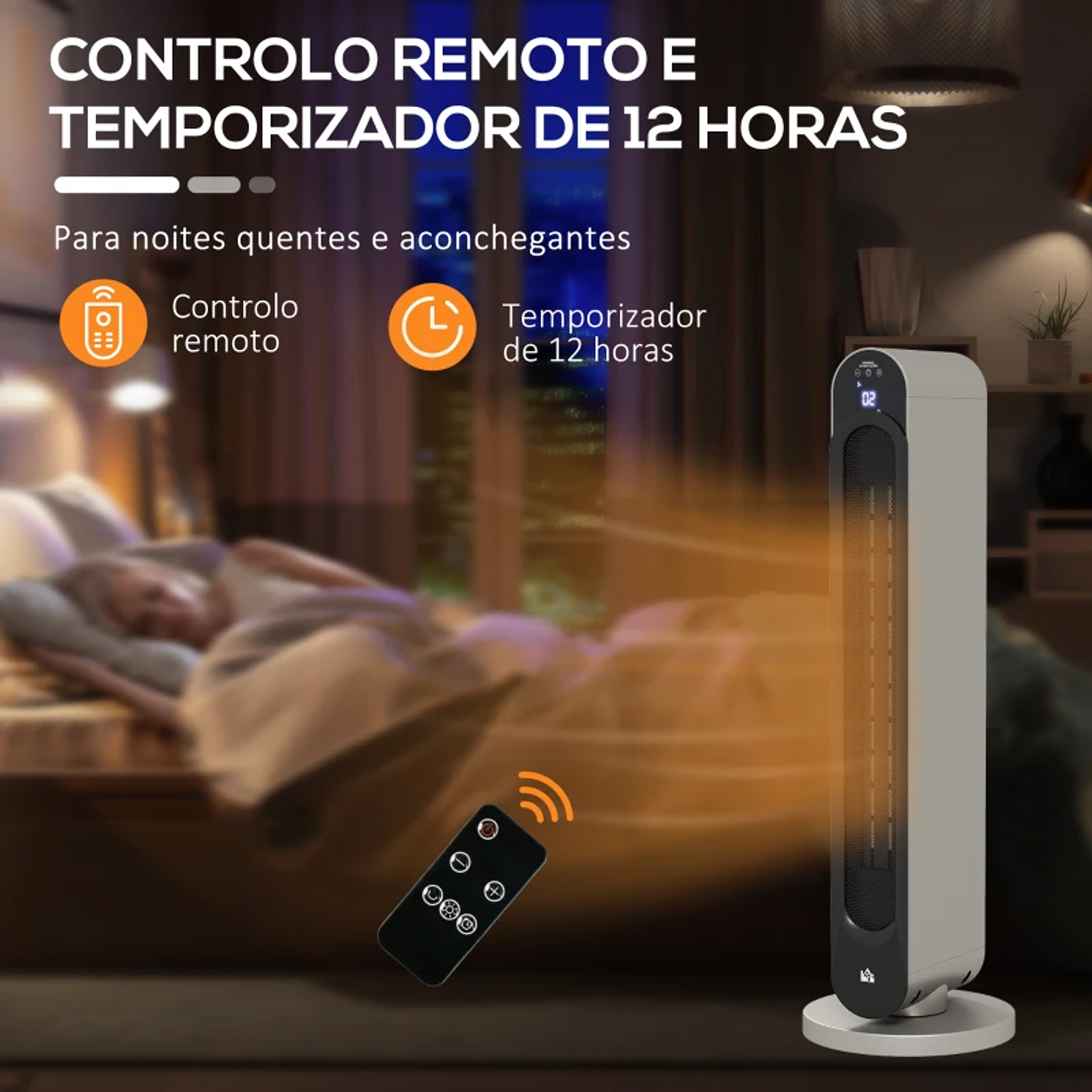 Aquecedor Cerâmico de Torre 1100/2200W com Controlo Remoto Ecrã LED Temporizador de 12h Termostato 3 Modos Ø25x73,5 cm Prata e Preto 10