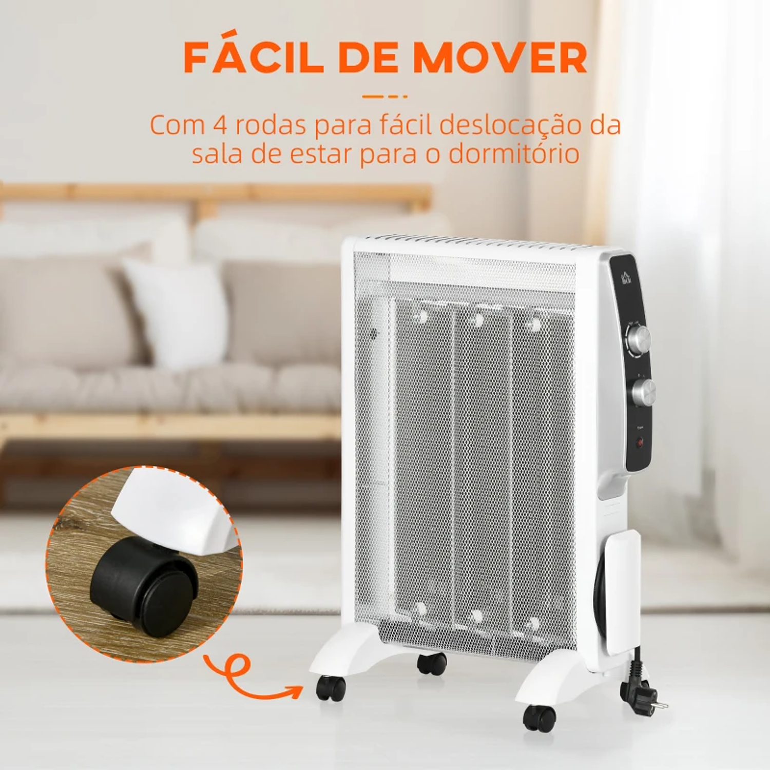 Aquecedor Elétrico 750W/1500W Aquecedor de Mica com Ecrã LED Controlo Remoto Termostato Temporizador 47x26,5x61,5cm Branco 7