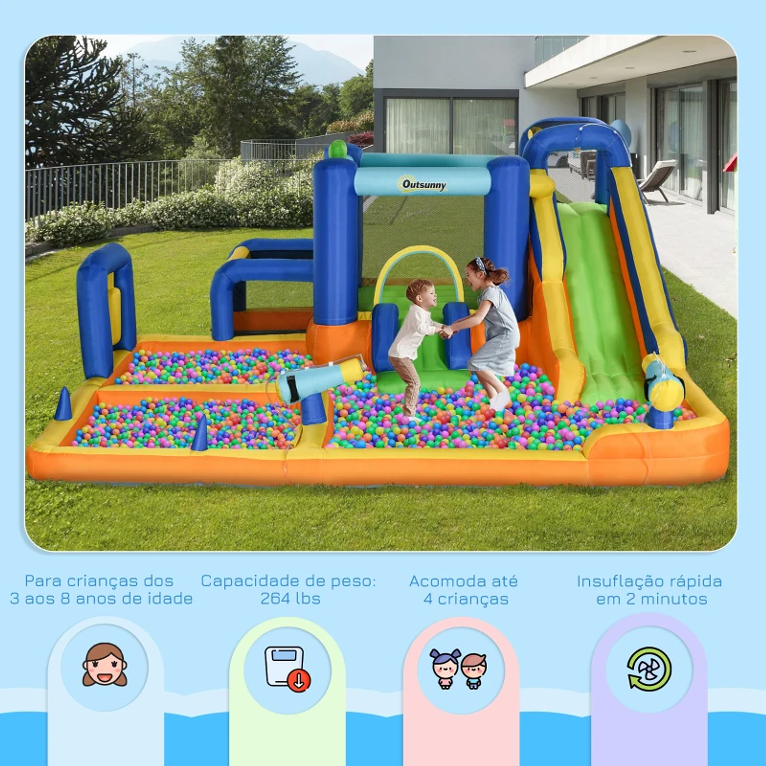 Castelo Insuflável Infantil 7 em 1 com Escorrega Piscina Insuflador e Bolsa de Transporte 430x420x200 cm Multicolorido 8