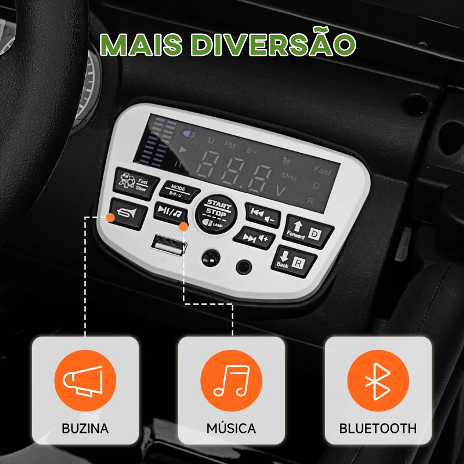  Carro Elétrico para Crianças com Bateria de 12V Controlo Remoto Bluetooth Faróis LED Buzina e Música 100x63x65 cm  4