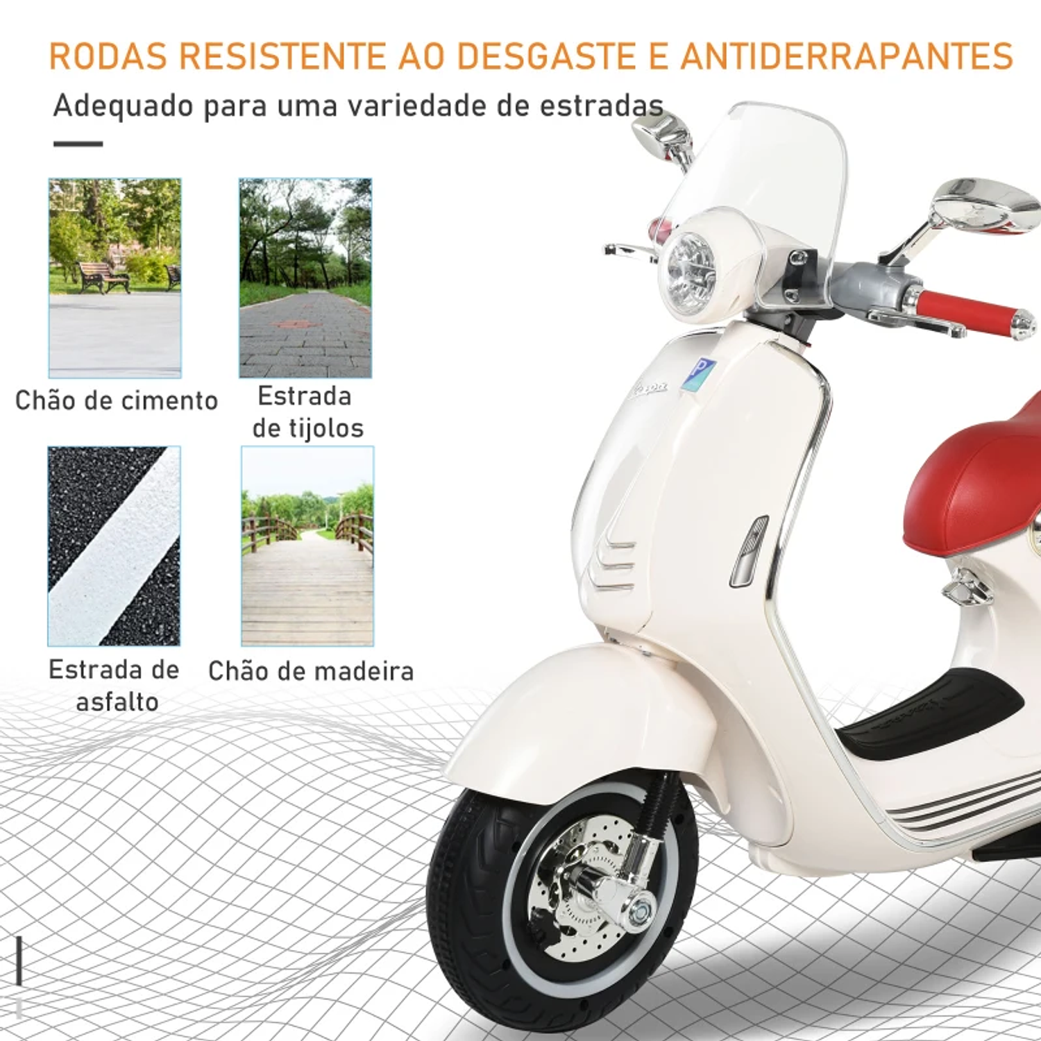 Mota Elétrica Vespa com Faróis Música 2 Rodas Auxiliares para Crianças acima de 3 Anos 108x49x75  8