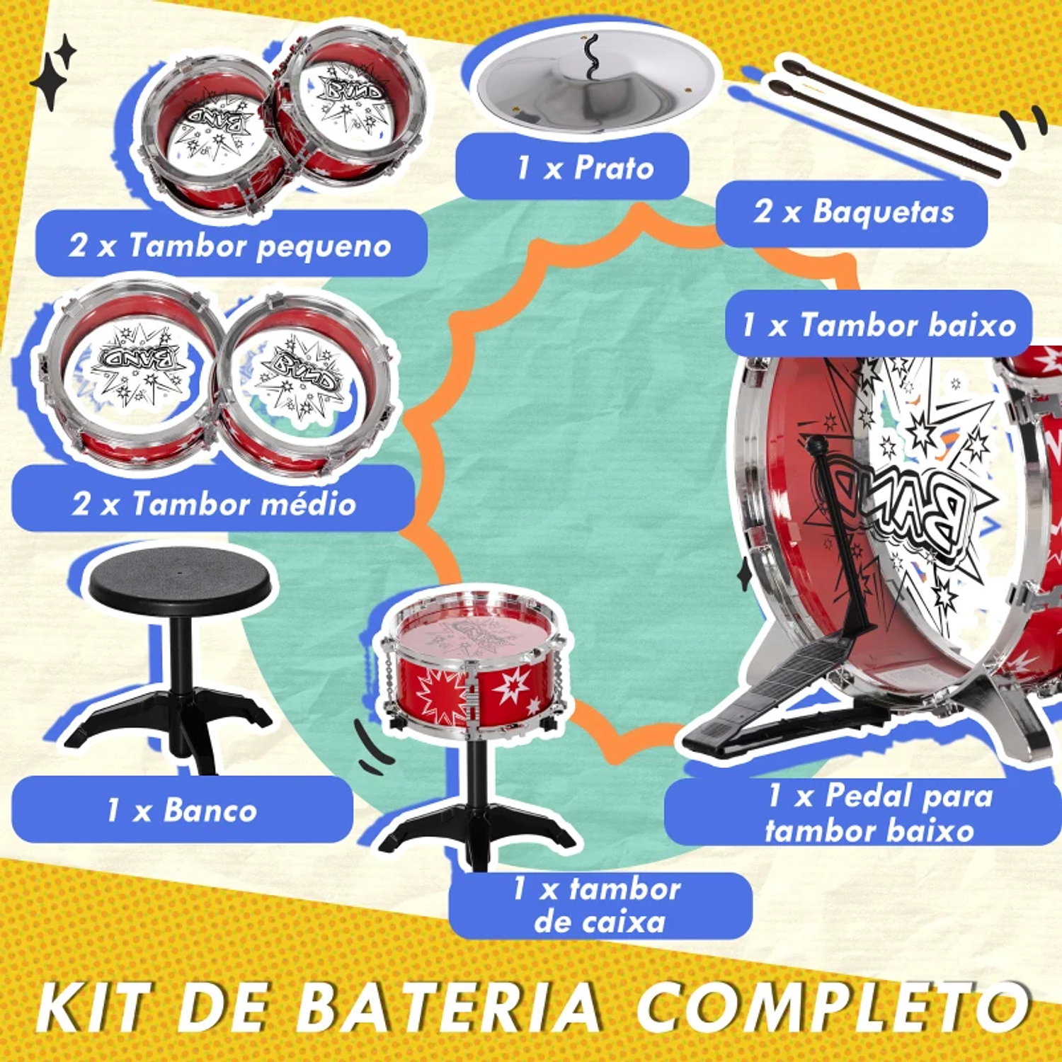 Bateria Infantil com Banco Bateria para Crianças acima de 3 Anos com Pedal e Baqueta Desenho de Estrelas 65x22x57 cm  8