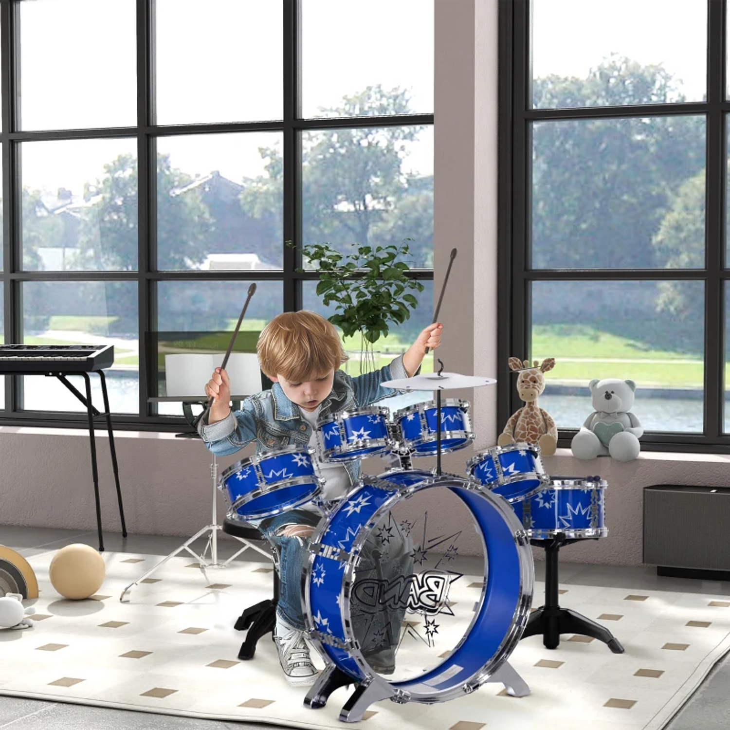 Bateria Infantil com Banco Bateria para Crianças acima de 3 Anos com Pedal e Baqueta Desenho de Estrelas 65x22x57 cm  10