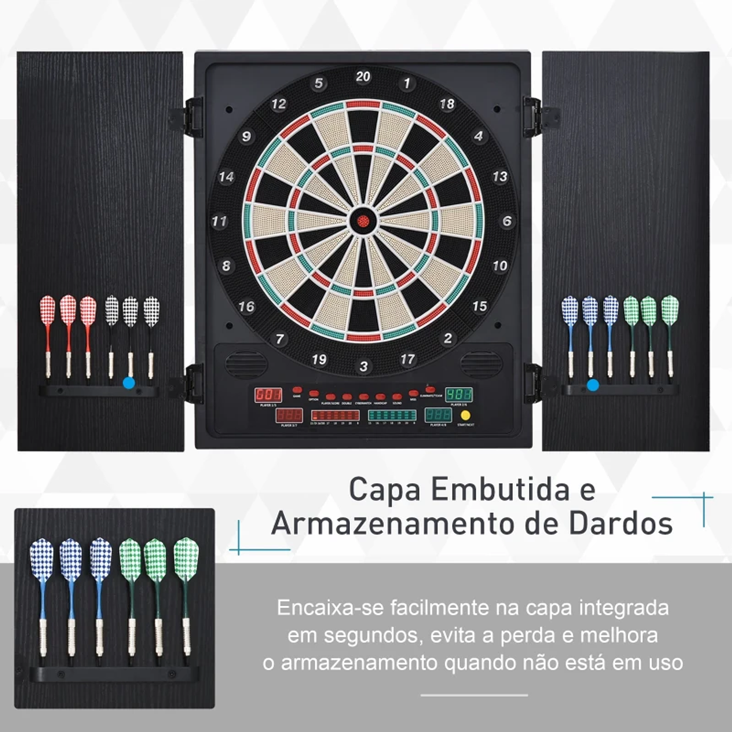 Alvo eletrônico digital para até 8 jogadores com 12 dardos e 30 pontas com portas de tela de LED 27 jogos diferentes 51x6,5x57 cm Preto 9