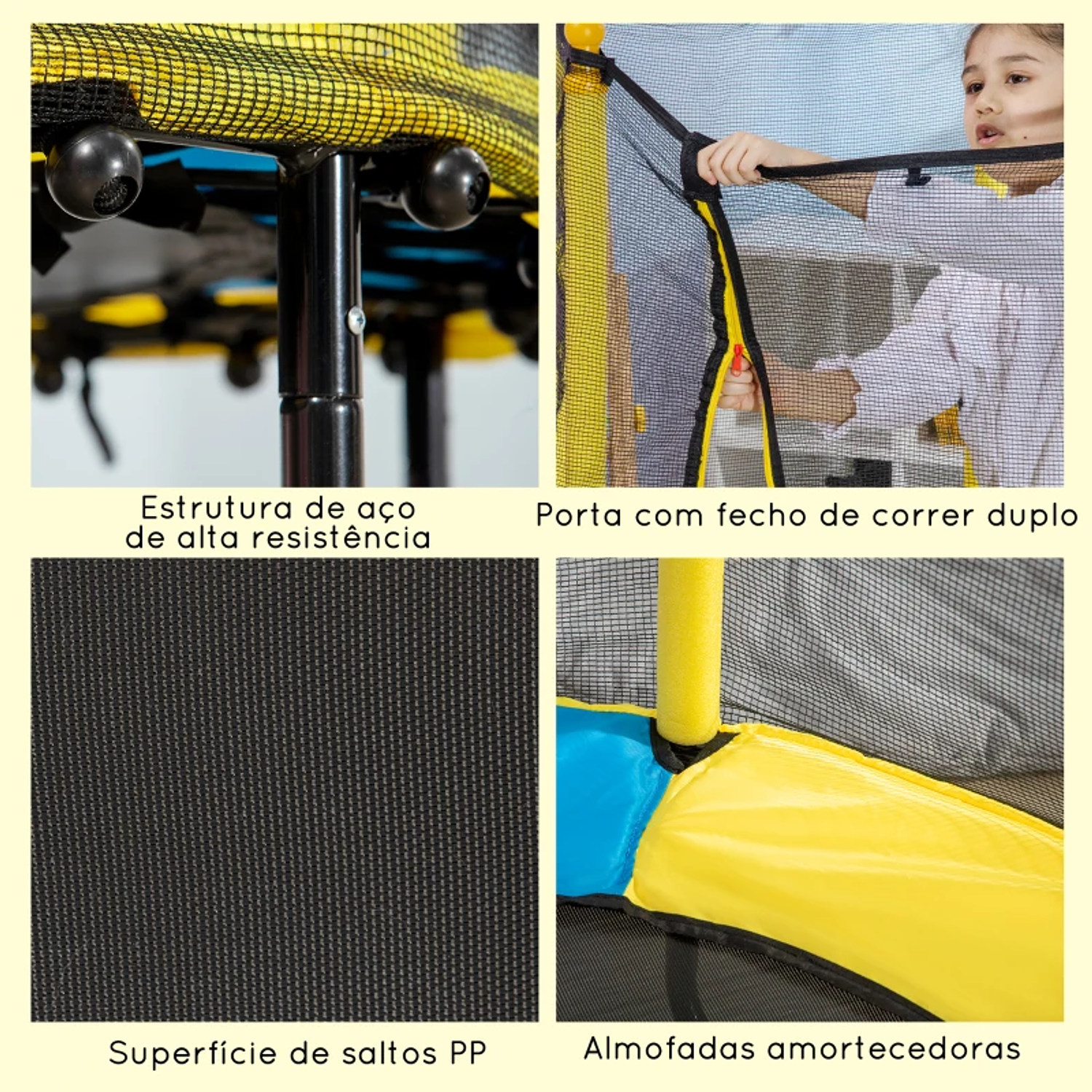 Trampolim para Crianças de 1-10 Anos com Rede de Segurança e 3 Pés de Aço em Forma de U para Interior Ø140x113 cm Amarelo 3