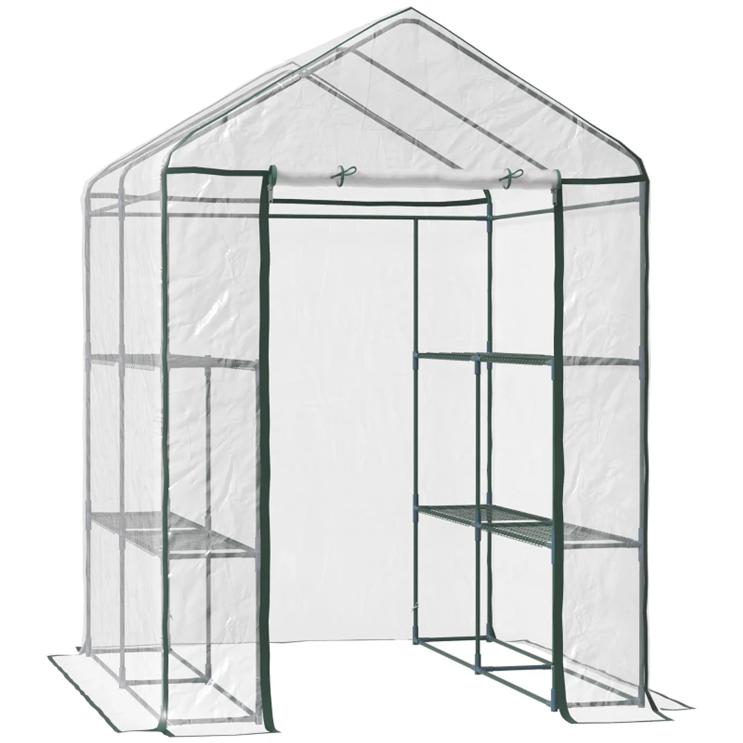 Estufa Transparente de Jardim Estufa de Plantas de 3 Níveis com Prateleiras Estrutura de Aço 143x143x195cm Transparente e Verde 1