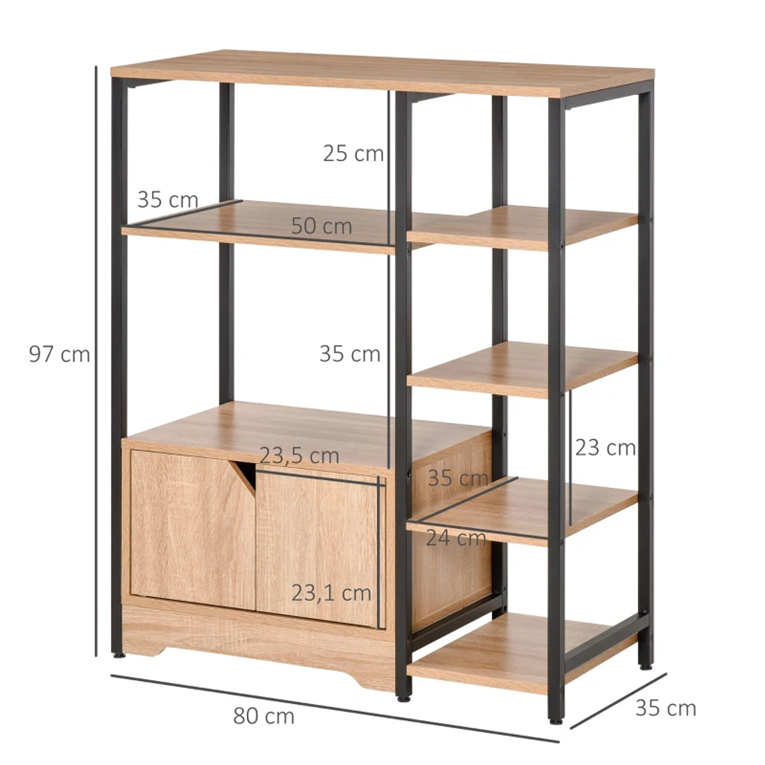 Estante para Livros com Múltiplas Prateleiras Abertas e 1 Armário com Porta Dupla Estante de Armazenamento para Escritório Sala de Estar 80x35x97cm Madeira Natural 2