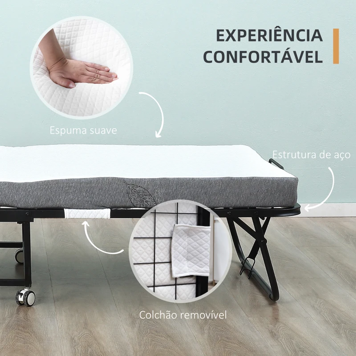 Cama Dobrável 200x90x42,5cm Cama de Campismo Portátil com Colchão Individual Rodas e Freios Carga Máxima 150kg para Dormitórios Branco 6