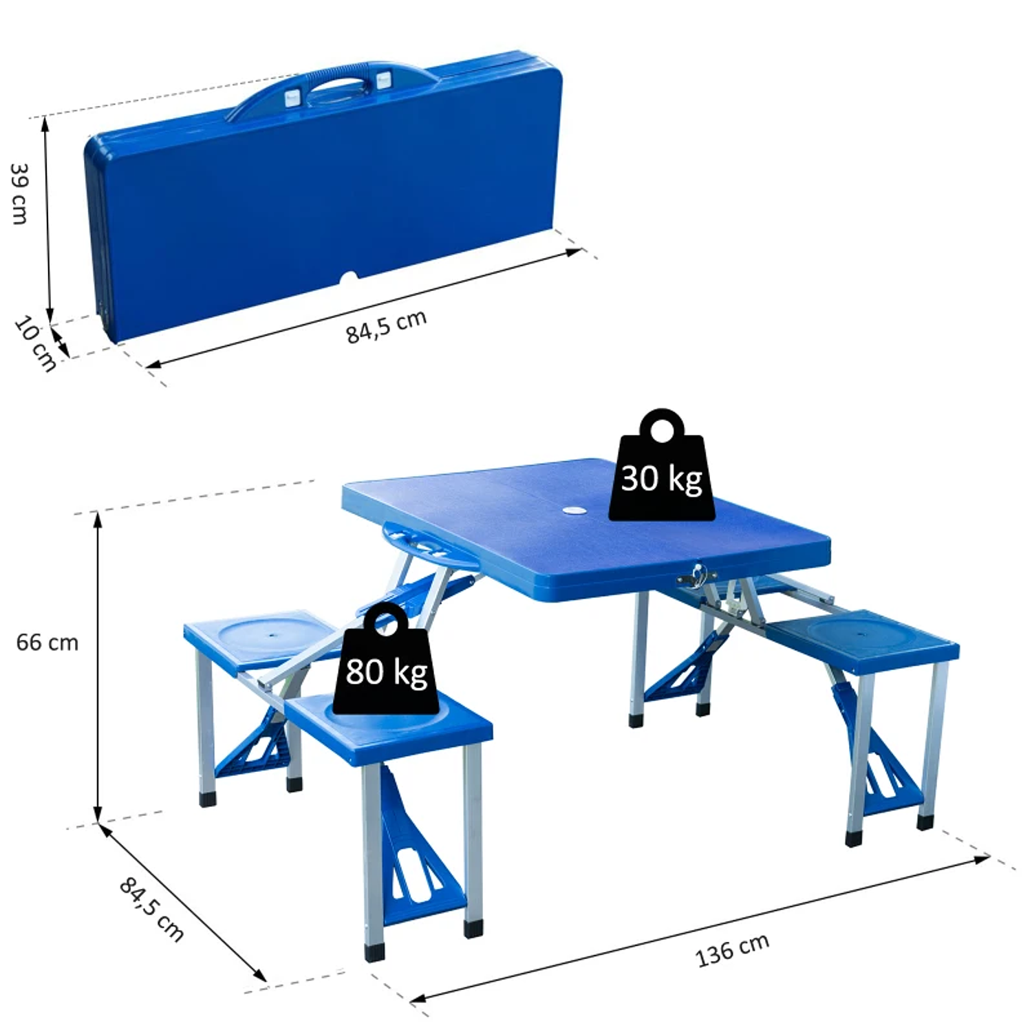 Mesa de Acampamento Dobrável com 4 Cadeiras Conjunto para Acampamento com Orifício para Guarda Sol Estrutura de Alumínio 136x84,5x66 cm  2