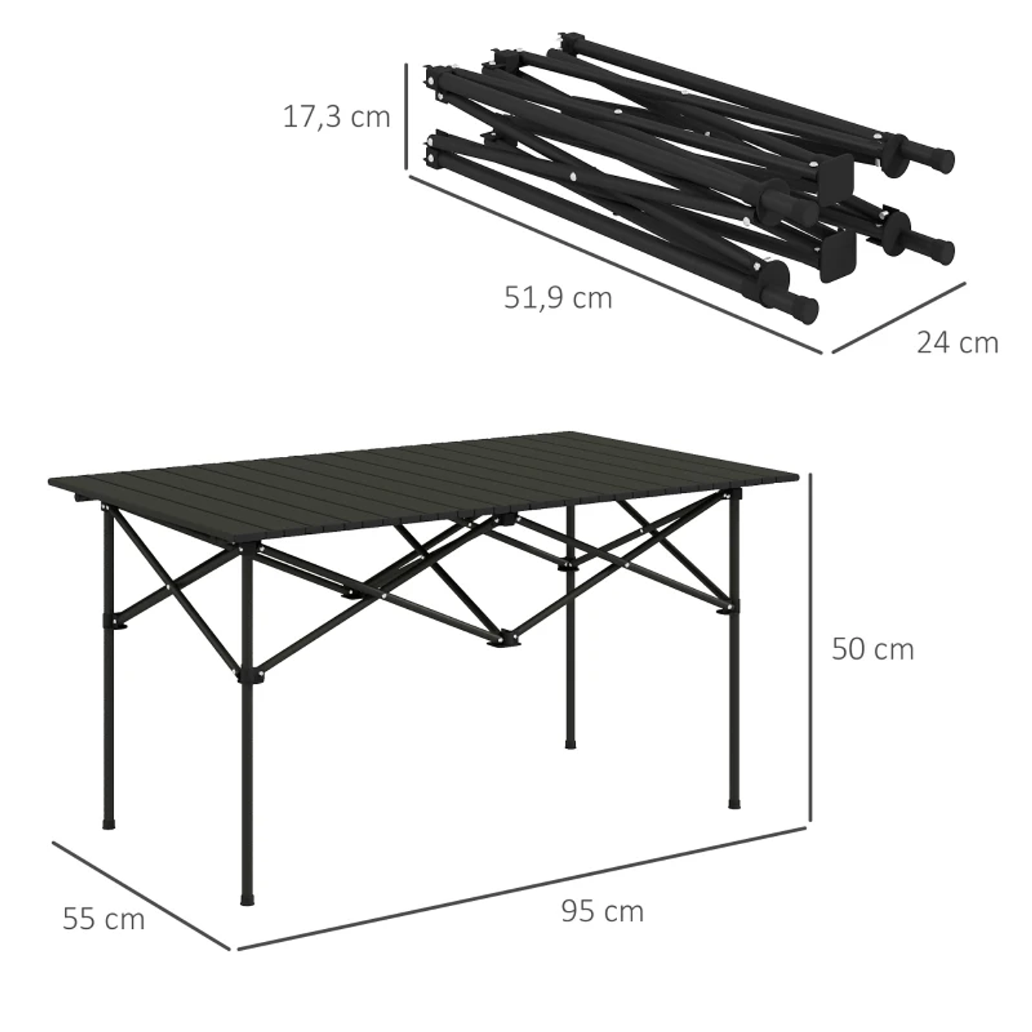 Mesa de Campismo Dobrável de Metal com Tampo Enrolável e Bolsa de Transporte Mesa de Piquenique Portátil 95x55x50 cm Preto 2