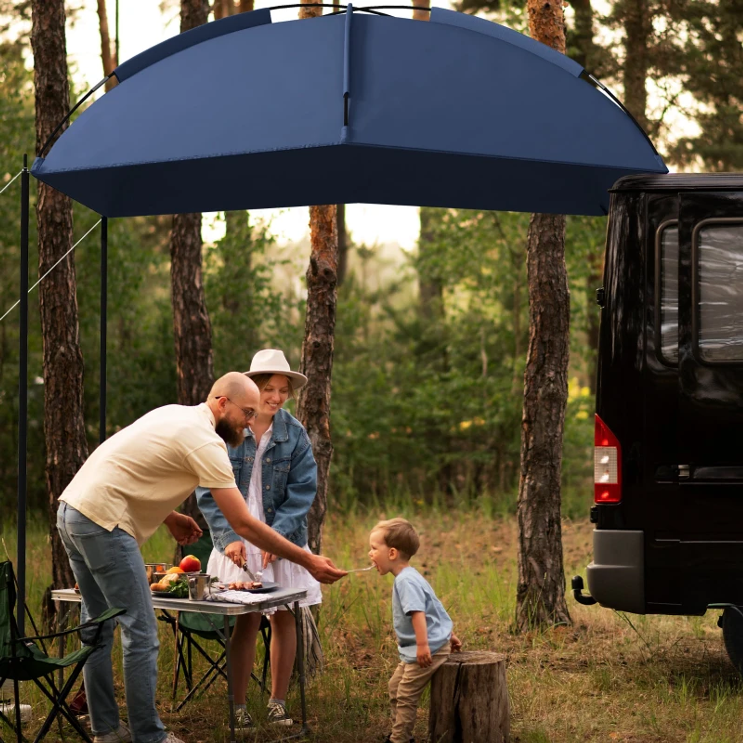 Toldo para Carro Abrigo para Campismo com Altura Ajustável e Bolsa de Transporte Impermeável Anti-UV 290x278x230-260 cm Azul Marrinho 4