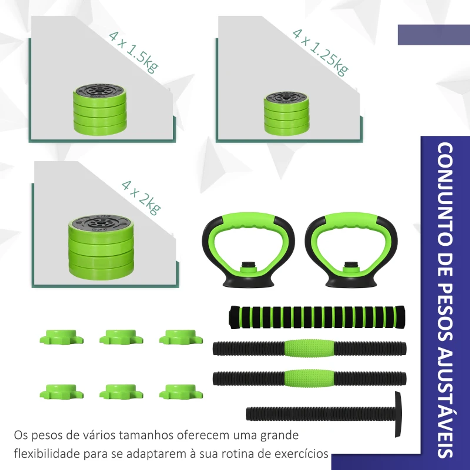 Conjunto de Halteres 20kg 4 em 1 Conjunto de Pesos com Kettlebell Barra de Pesos para Treino de Força em Casa Ginásio Verde 4