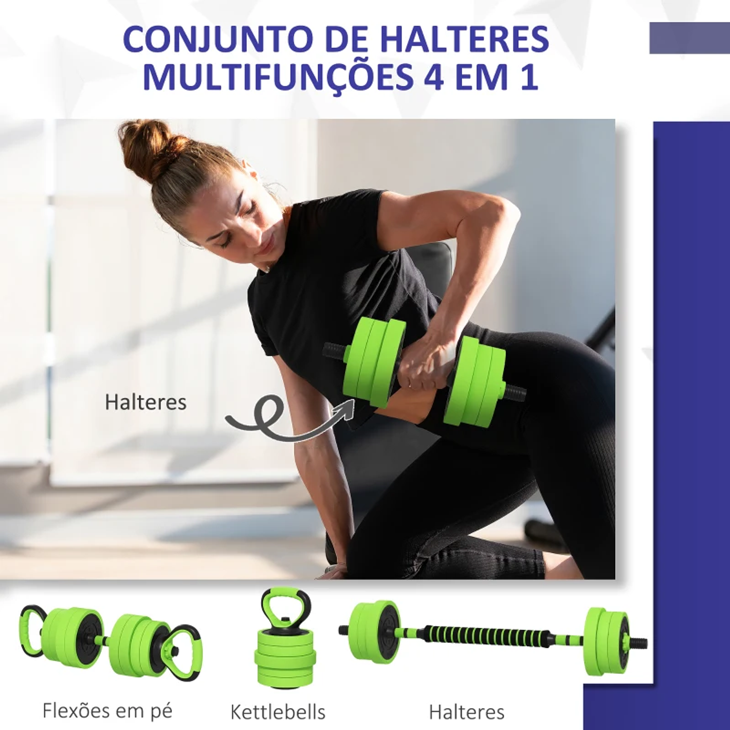 Conjunto de Halteres 20kg 4 em 1 Conjunto de Pesos com Kettlebell Barra de Pesos para Treino de Força em Casa Ginásio Verde 7