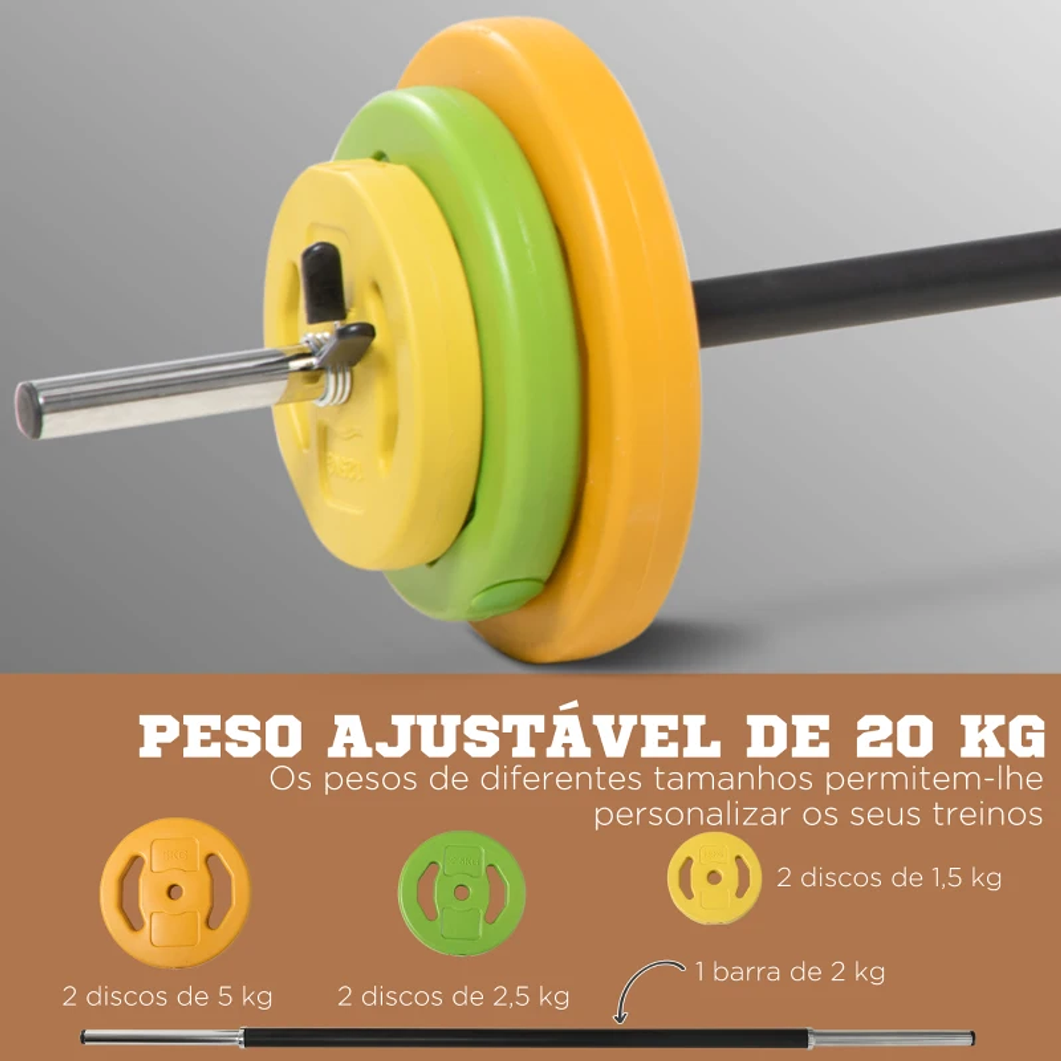 Conjunto de Barra de Pesos Conjunto de Musculação com 6 Discos 1,5kg 2,5kg 5 kg Intercambiáveis 130x28x28 cm Multicor 7